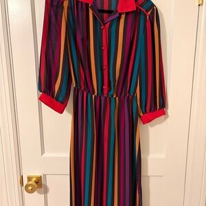 Long Sleeve Multi-Stripe Maxi Dress - Red Trim